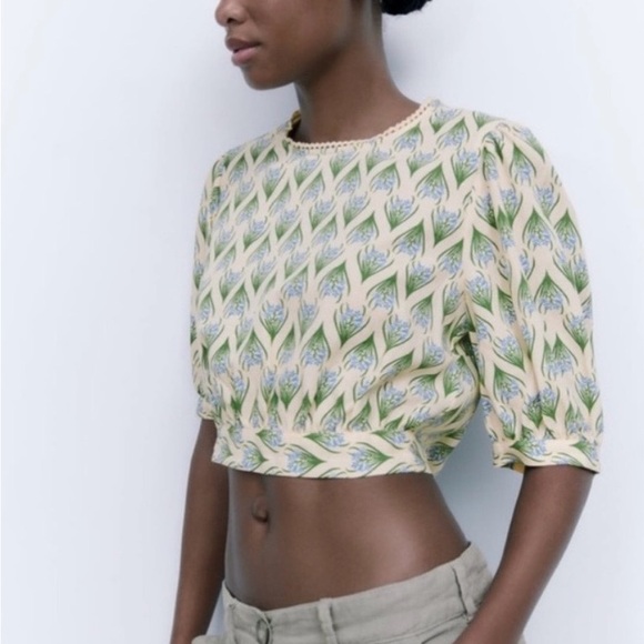 Zara Tops - Zara Cream and Green Patterned Crop Top